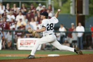 pitcher starting to stack and track shoulders for added pitching velocity